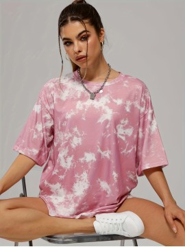 Gray Full Tie Dry Sports T-shirt, Crew Neck Short Sleeve Fashion Tee, Women's Top