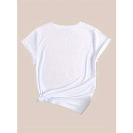 Floral Print Casual T-Shirt, Round Neck Short Sleeves Mid-Stretch Sports Tee, Women's Activewear