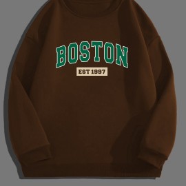 BOSTON EST 1997 Print, Sweatshirt With Long Sleeves, Men's Creative Slightly Flex Crew Neck Pullover For Spring Fall And Winter