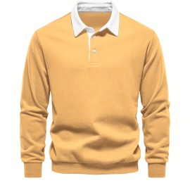 Cotton Blend Retro Color Block Men's Casual Pullover Long Sleeve Lapel Shirt For Spring Fall, Men's Clothing